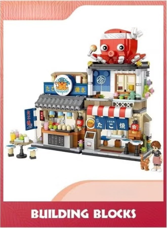 EETU Building Blocks Toys,Japanese Street View Takoyaki Shop,722Pcs Mini Bricks Model Set Toy,Creative DIY Simulation Architecture, Particle Construction STEM Toy - Image 1