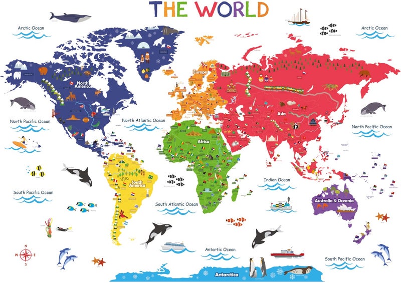 BASHOM BASHOM BS-115 Large Animal Landmarks World Map Wall Decals Educational Stickers for Kids Nursery Bedroom Living Room Classroom Peel Stick Removable Poster mapa Mundi para pared Art  - Image 1