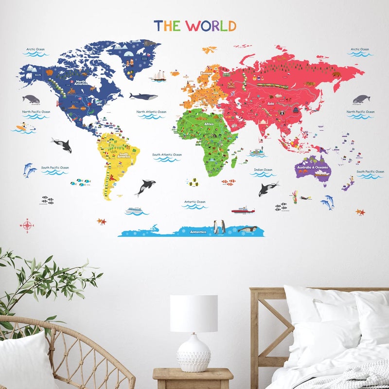 BASHOM BASHOM BS-115 Large Animal Landmarks World Map Wall Decals Educational Stickers for Kids Nursery Bedroom Living Room Classroom Peel Stick Removable Poster mapa Mundi para pared Art  - Image 2