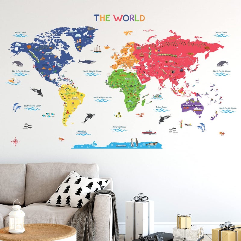 BASHOM BASHOM BS-115 Large Animal Landmarks World Map Wall Decals Educational Stickers for Kids Nursery Bedroom Living Room Classroom Peel Stick Removable Poster mapa Mundi para pared Art  - Image 3