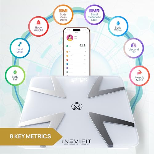 INEVIFIT ميزان الدهون الذكي INEVIFIT دقيق للغاية مع بلوتوث محلل تكوين الجسم الرقمي لقياس الوزن ونسبة الدهون والماء والعضلات ومؤشر كتلة الجسم والدهون الحشوية وكتلة العظام لعدد غير محدود من المستخدمين - Image 5