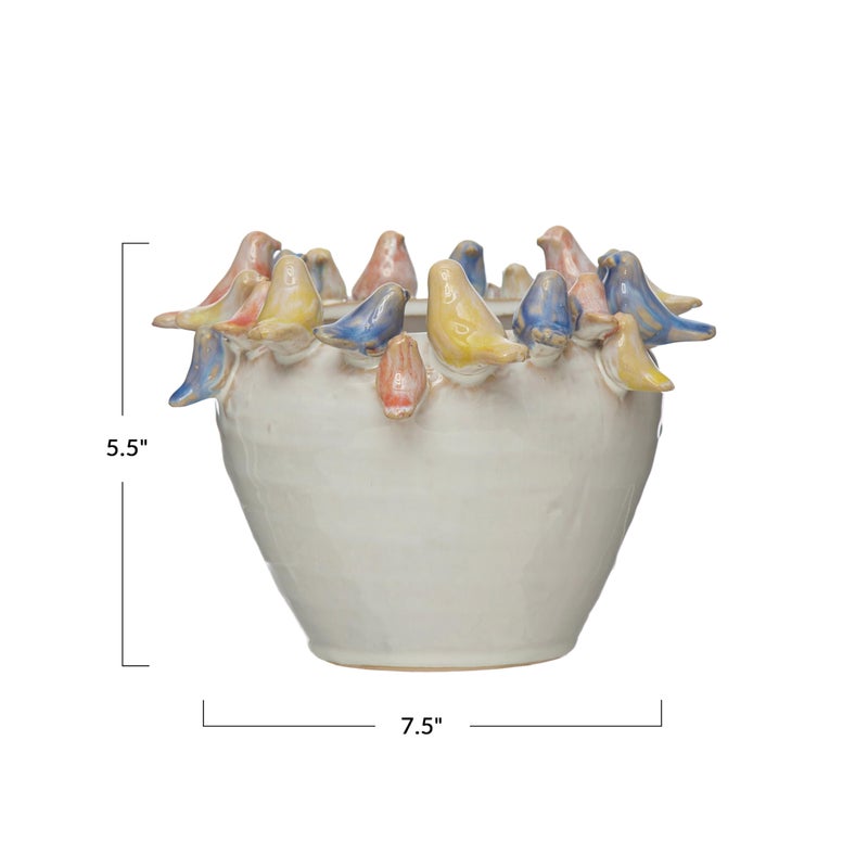 Creative Co-Op Stoneware Planter with Birds on Rim, Reactive Glaze - Image 2