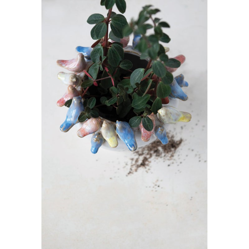 Creative Co-Op Stoneware Planter with Birds on Rim, Reactive Glaze - Image 4