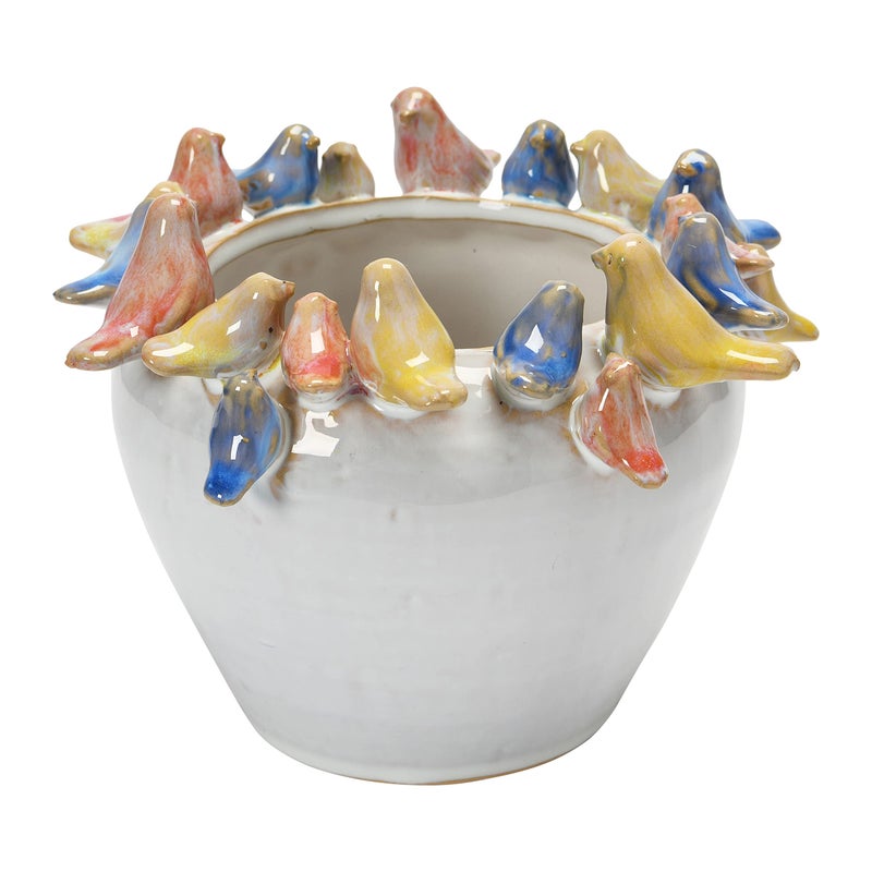 Creative Co-Op Stoneware Planter with Birds on Rim, Reactive Glaze - Image 1