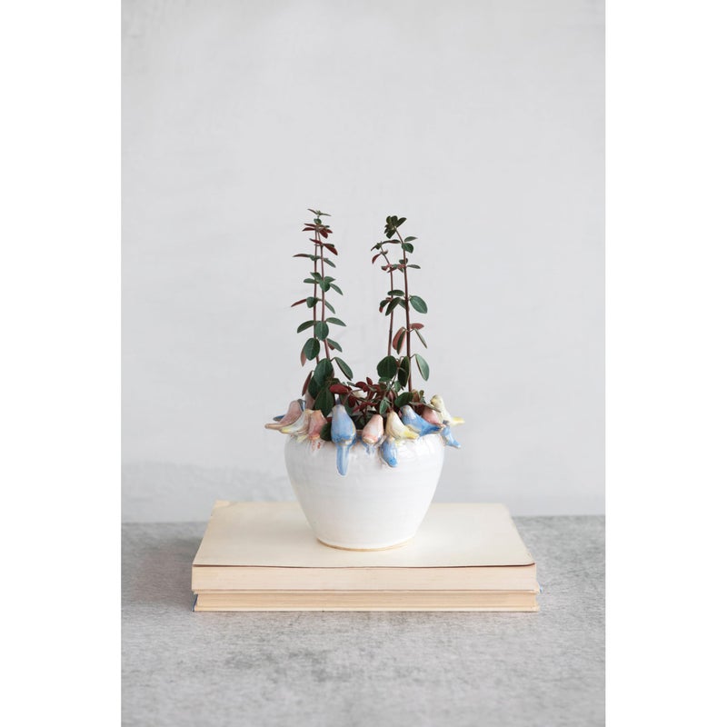 Creative Co-Op Stoneware Planter with Birds on Rim, Reactive Glaze - Image 3