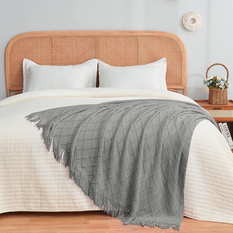 inhand Knitted Throw Blankets for Couch and Bed  Soft Cozy Knit Blanket with Tassel  Light Grey Lightweight Decorative Blankets and Throws  Farmhouse Warm Woven Blanket for Men and Women  50""x60"" - Image 3