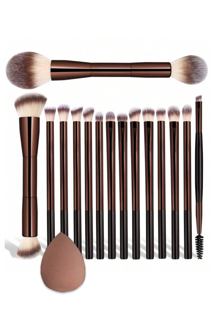 عام مجموعة فرش مكياج احترافية من DGSENPI، مكونة من 12 قطعة، مع إسفنجة تجميل، وشعيرات صناعية فاخرة لكريم الأساس، والبودرة، والعينين، والشفاه، ومقابض أنيقة باللونين البني والأسود.