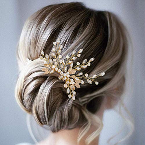 Gorais Gold Leaf Wedding Hair Comb Brides Hair Pieces Crystal Rhinestone Bridal Hair Accessories for Women and Girls