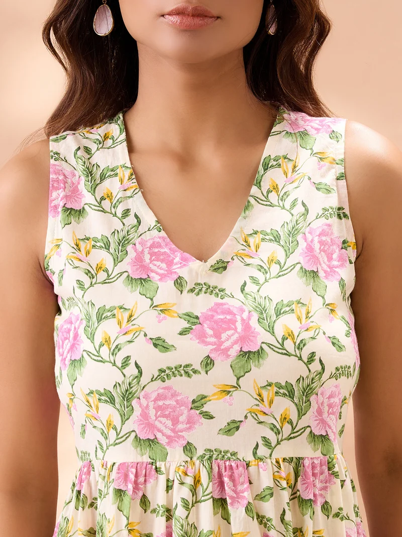 globus Women Pink V-Neck Floral Print Gathered & Tiered Lace Inserts A-Line Midi Fusion Dress