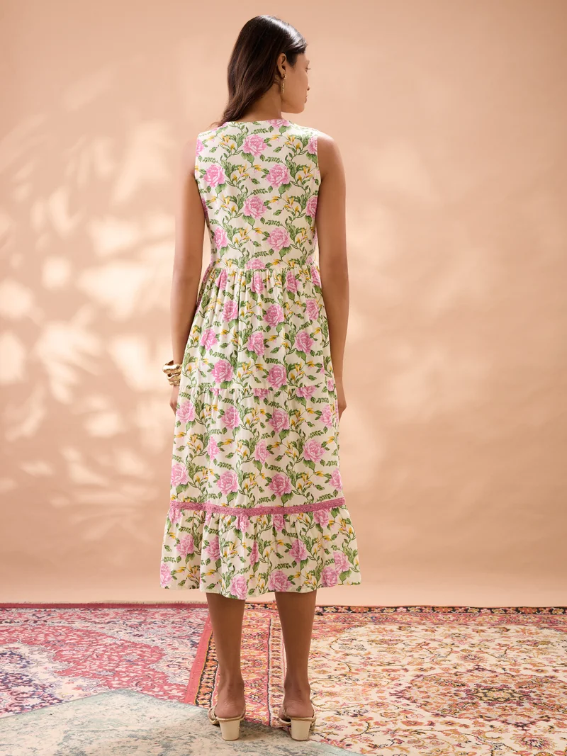 globus Women Pink V-Neck Floral Print Gathered & Tiered Lace Inserts A-Line Midi Fusion Dress