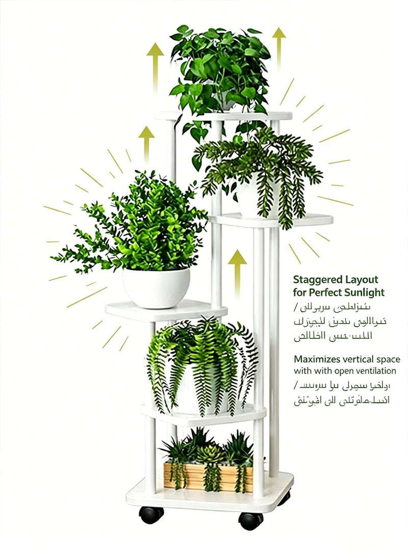 باور حامل نباتات معدني متحرك بخمسة مستويات للاستخدام الداخلي والخارجي، رف متعدد الطبقات لأواني الزهور مزود بعجلات، رف زاوية موفر للمساحة لغرفة المعيشة والشرفة والحديقة والفناء، مصمم لتحمل الأحمال الثقيلة - Image 2