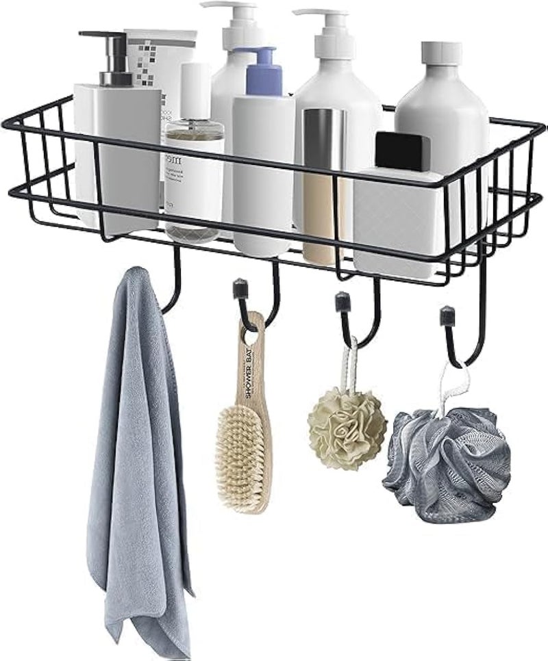 Bathroom Rack Shelf Metal Wall Storage with 4 Hooks, Multipurpose Bathroom Accessories, Towel Brush Holder, Spices Rack, Kitchen Organizer, Shampoo Organizer Rack, 2 Adhesive Hook (One Shelf) - Image 5