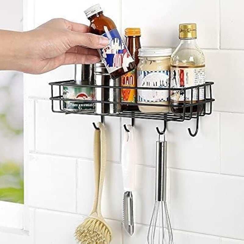 Bathroom Rack Shelf Metal Wall Storage with 4 Hooks, Multipurpose Bathroom Accessories, Towel Brush Holder, Spices Rack, Kitchen Organizer, Shampoo Organizer Rack, 2 Adhesive Hook (One Shelf) - Image 3