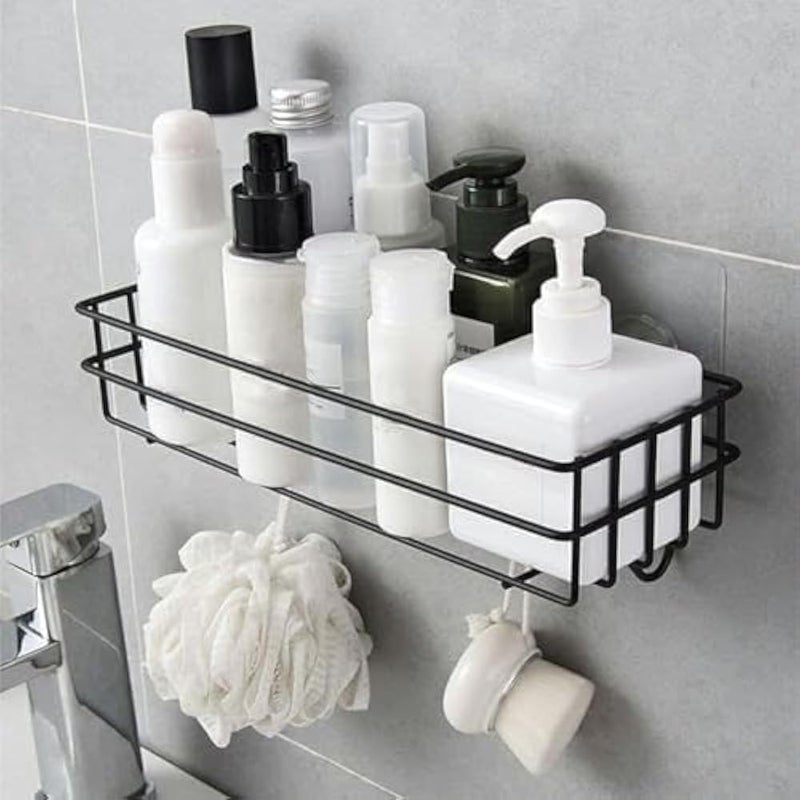 Bathroom Rack Shelf Metal Wall Storage with 4 Hooks, Multipurpose Bathroom Accessories, Towel Brush Holder, Spices Rack, Kitchen Organizer, Shampoo Organizer Rack, 2 Adhesive Hook (One Shelf) - Image 4