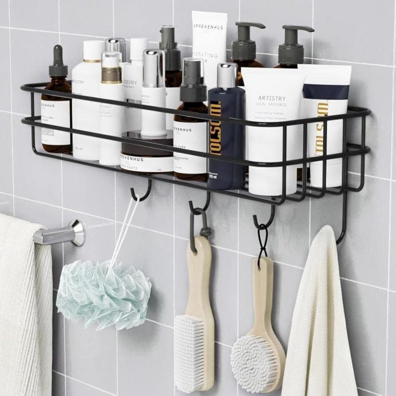 Bathroom Rack Shelf Metal Wall Storage with 4 Hooks, Multipurpose Bathroom Accessories, Towel Brush Holder, Spices Rack, Kitchen Organizer, Shampoo Organizer Rack, 2 Adhesive Hook (One Shelf) - Image 1