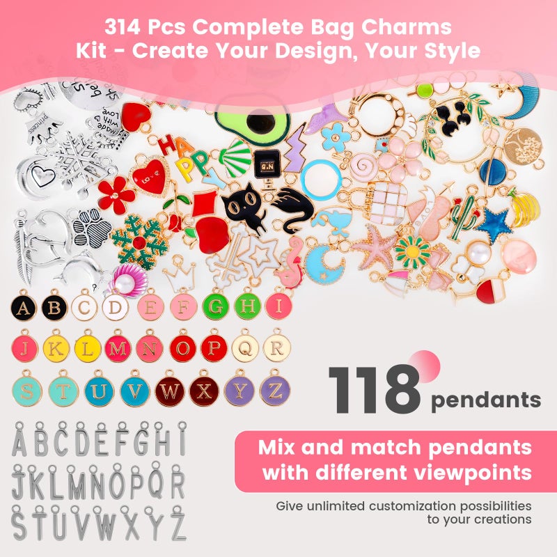 Muyoka 314Pcs Charms Lip Gloss Keychain Making Kit, Bag Keychain Charms with 3 Types Keychains Clips 24 Extender Chain 118 Charm and Plier, Bag Charm Kit for DIY Crafting and Jewelry Making (314 Pcs) - Image 2