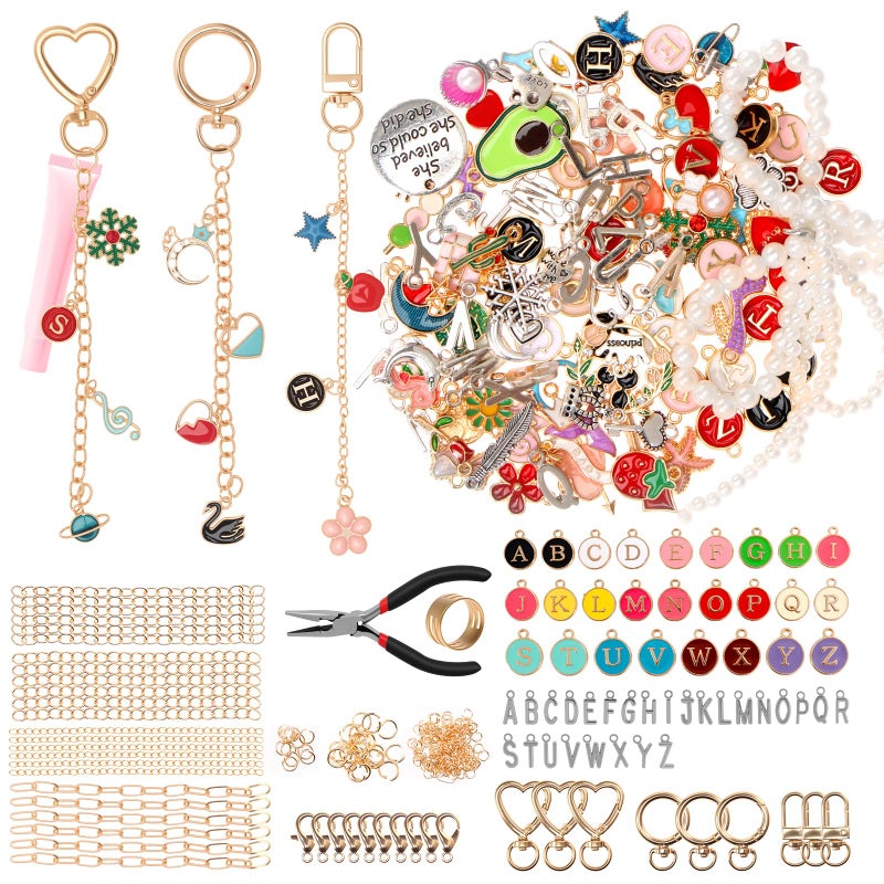 Muyoka 314Pcs Charms Lip Gloss Keychain Making Kit, Bag Keychain Charms with 3 Types Keychains Clips 24 Extender Chain 118 Charm and Plier, Bag Charm Kit for DIY Crafting and Jewelry Making (314 Pcs) - Image 1
