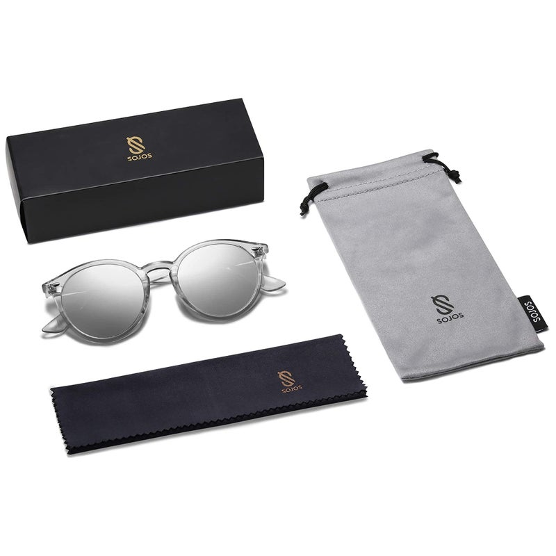 SOJOS Retro Round Polarized Sunglasses for Women Men Classic Vintage Sunnies SJ2069, Clear Grey/Silver Mirrored - Image 5