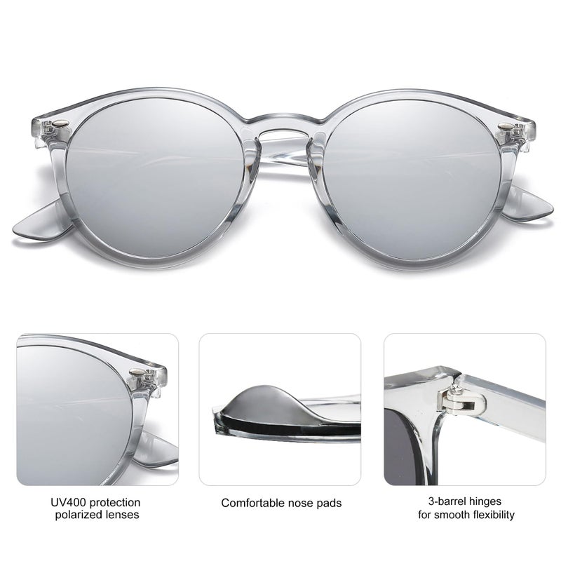 SOJOS Retro Round Polarized Sunglasses for Women Men Classic Vintage Sunnies SJ2069, Clear Grey/Silver Mirrored - Image 2