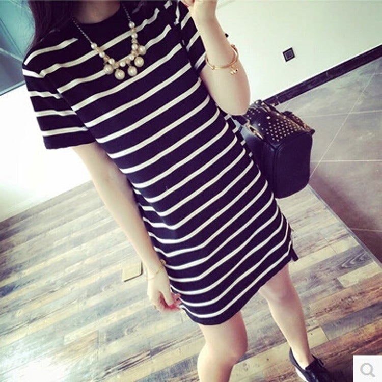Plus Size Korean Style Loose-Fit Short Sleeve Striped Medium-Length Slimmer V-Neck Dress New Summer 2023 Fashion 502 Black  - Image 1