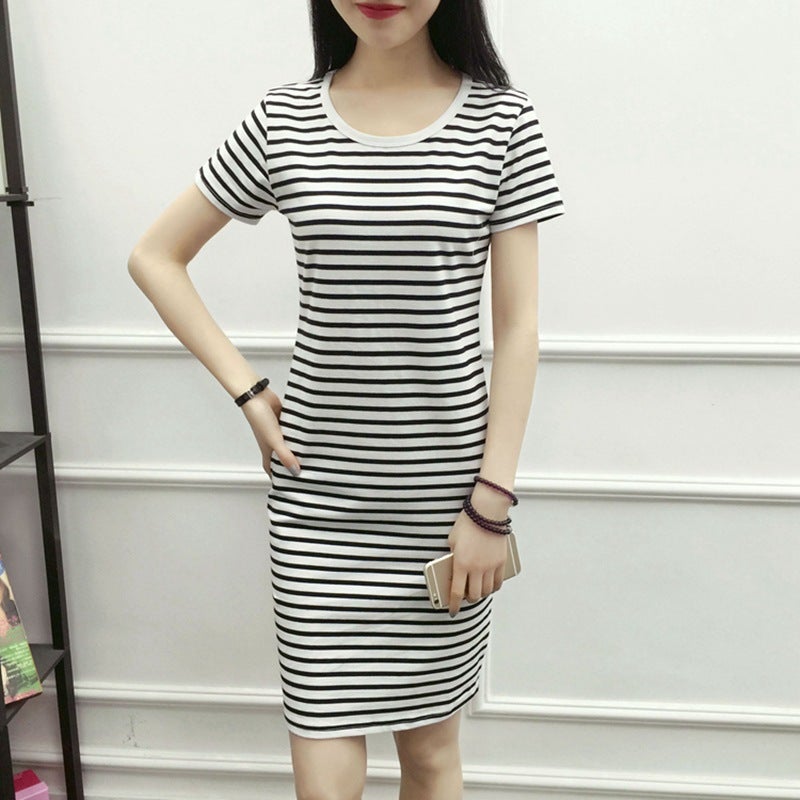 Plus Size Korean Style Loose-Fit Short Sleeve Striped Medium-Length Slimmer V-Neck Dress New Summer 2023 Fashion 502 Black  - Image 3