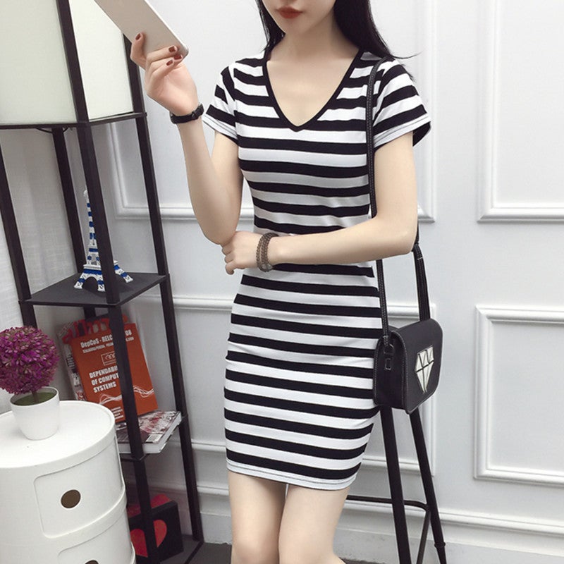 Plus Size Korean Style Loose-Fit Short Sleeve Striped Medium-Length Slimmer V-Neck Dress New Summer 2023 Fashion 502 Black  - Image 5