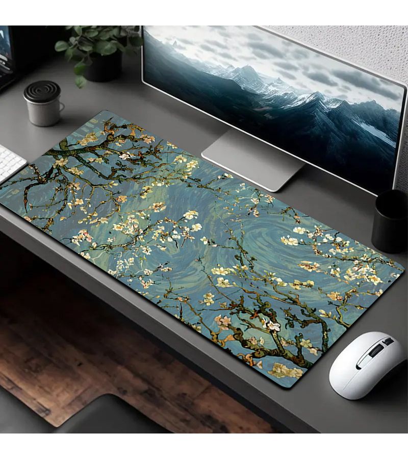 وسادة ماوس كبيرة بحجم 30x60 سم بتصميم زهرة اللوز من فان جوخ، حصيرة مكتب ممتدة بألوان خضراء وزرقاء وصفراء زاهية مع نقش زهري، قاعدة مطاطية غير قابلة للانزلاق للاستخدام في المنزل والمكتب والألعاب والهدايا - Image 2