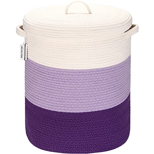 Sea Team Large Size Cotton Rope Woven Storage Basket with Lid, Lidded Laundry Hamper with Handles, Fabric Bucket with Cover, Clothes Toys Organizer for Kid's Room, 16 x 20 inches, White & Lavender - Image 1