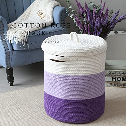 Sea Team Large Size Cotton Rope Woven Storage Basket with Lid, Lidded Laundry Hamper with Handles, Fabric Bucket with Cover, Clothes Toys Organizer for Kid's Room, 16 x 20 inches, White & Lavender - Image 2
