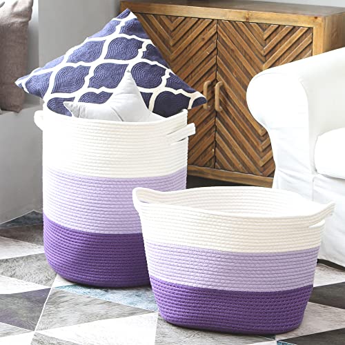 Sea Team Large Size Cotton Rope Woven Storage Basket with Lid, Lidded Laundry Hamper with Handles, Fabric Bucket with Cover, Clothes Toys Organizer for Kid's Room, 16 x 20 inches, White & Lavender - Image 3