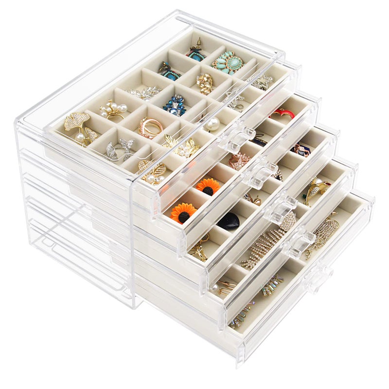 Watpot Acrylic Jewelry Box with 5 Drawers, Clear Earring Storage Organizer Display Case for Women Girls, Beige - Image 1