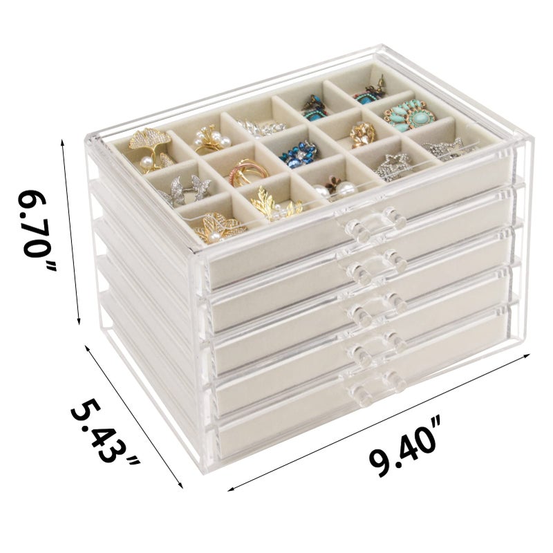 Watpot Acrylic Jewelry Box with 5 Drawers, Clear Earring Storage Organizer Display Case for Women Girls, Beige - Image 5