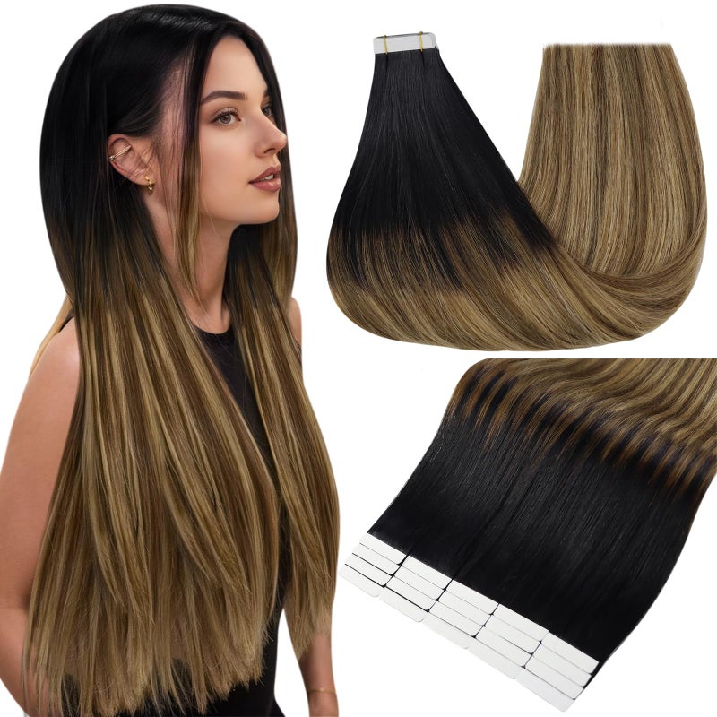 Full Shine Human Hair Extensions Tape in 20 Inch Invisible Double Sided Tape Ins Human Hair Extensions Color 1B Fading to 6 and 27 Honey Blonde 20PCS 50g Straight Seamless Skin Weft Hair Add Length