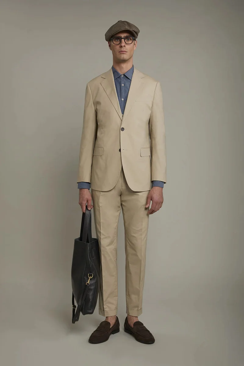 Single-breasted cotton regular fit solid color suit - Beige