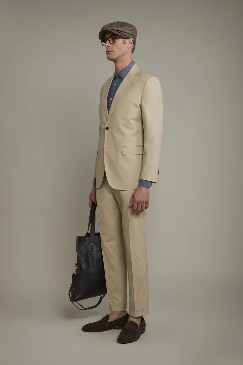 دوبل غانغر Single-breasted cotton regular fit solid color suit - Beige