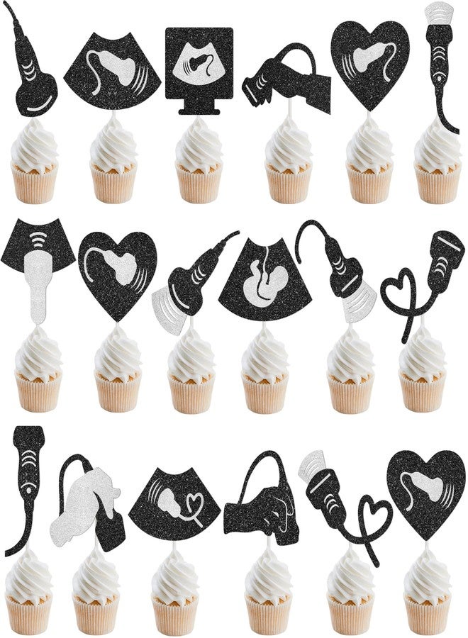 اوموني زينة كب كيك بالموجات فوق الصوتية مكونة من 24 قطعة، زينة كيك لامعة بالموجات فوق الصوتية، زينة حفلات أعياد الميلاد لأخصائيي الأشعة السينية وفنيي الأشعة والممرضين والأطباء ومستلزمات حفلات التخرج - Image 1