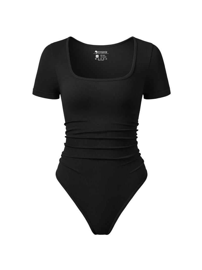 OQQ Women Bodysuits Ruched Short Sleeve Square Neck Stretch Lounge Travel Bodysuits Black - Image 1