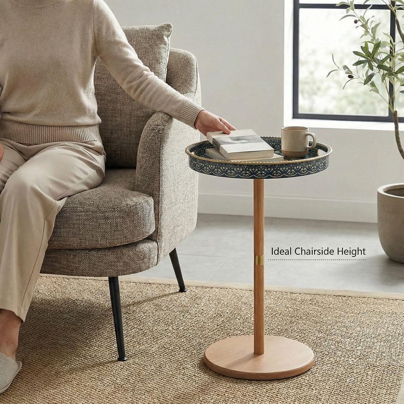 Simmer Stone Boho Round Side Table With Tray Top, Pedestal Drink Table for Small Spaces, Aesthetic Accent Nightstand for Living Room, Bedroom, Corners, and Office (Yellow Leg Blue Maze) - Image 2