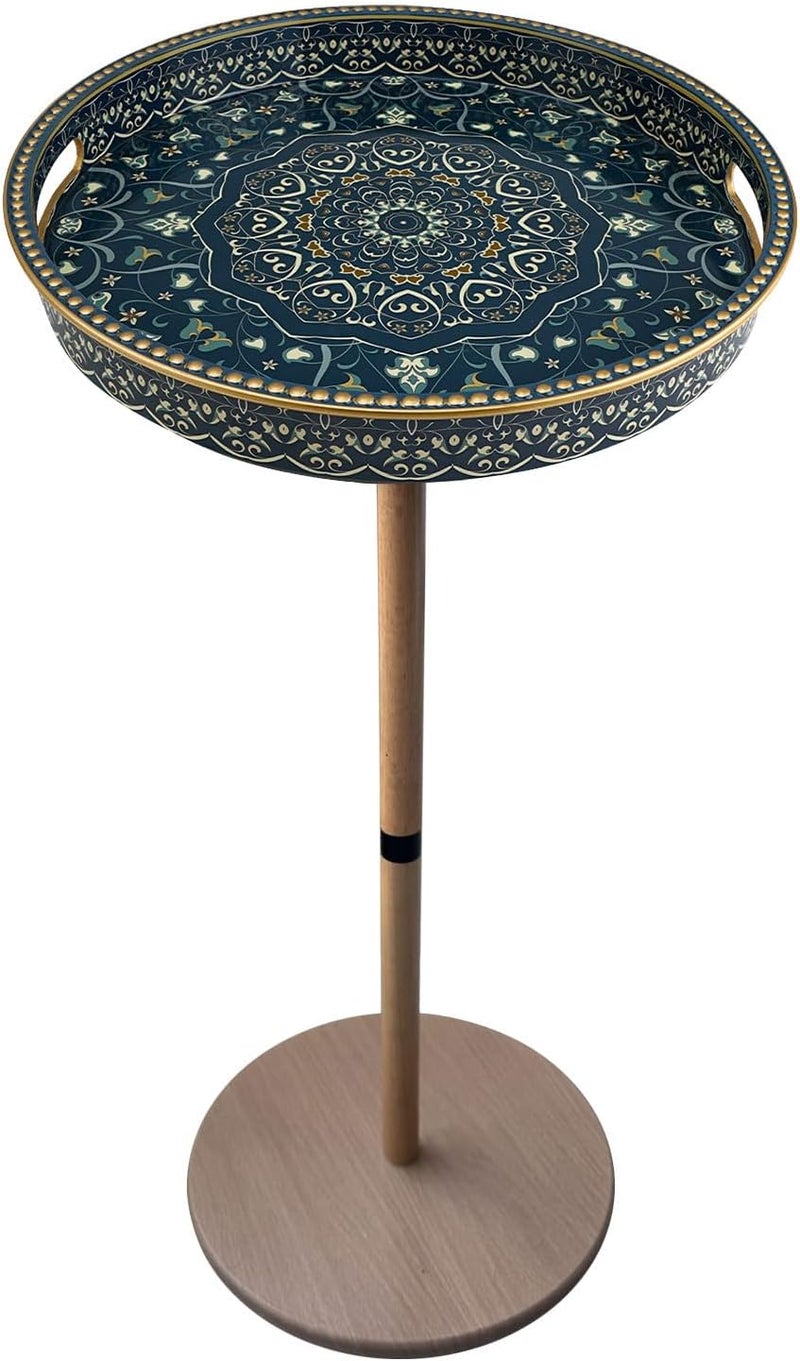 Simmer Stone Boho Round Side Table With Tray Top, Pedestal Drink Table for Small Spaces, Aesthetic Accent Nightstand for Living Room, Bedroom, Corners, and Office (Yellow Leg Blue Maze) - Image 4