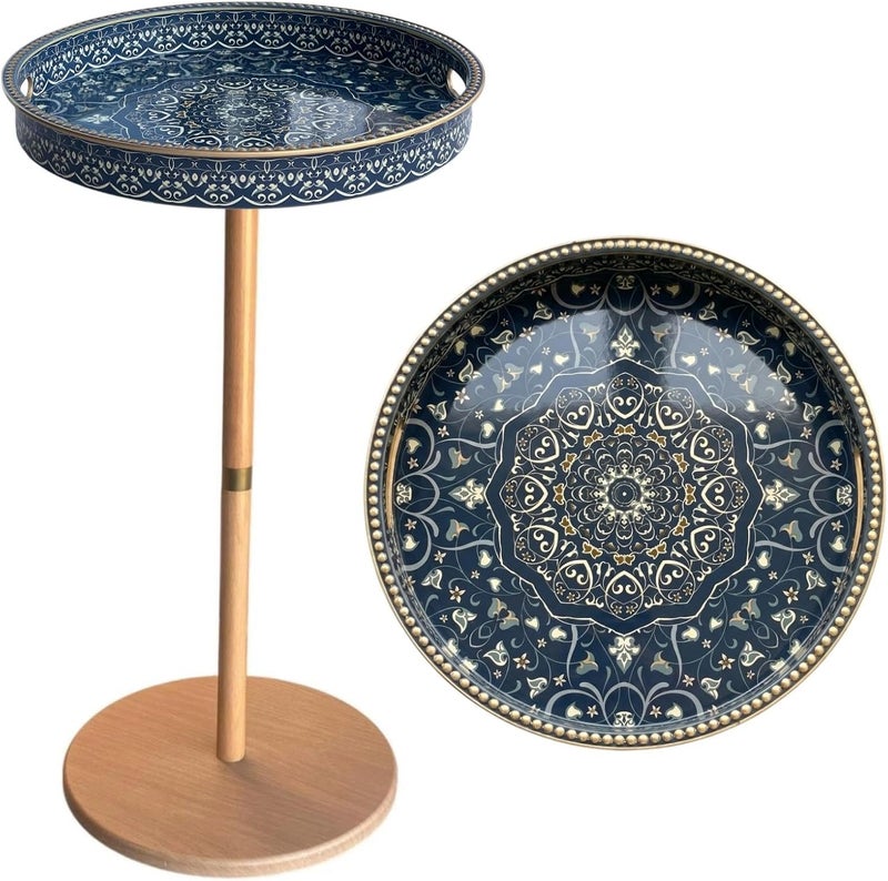 Simmer Stone Boho Round Side Table With Tray Top, Pedestal Drink Table for Small Spaces, Aesthetic Accent Nightstand for Living Room, Bedroom, Corners, and Office (Yellow Leg Blue Maze) - Image 1