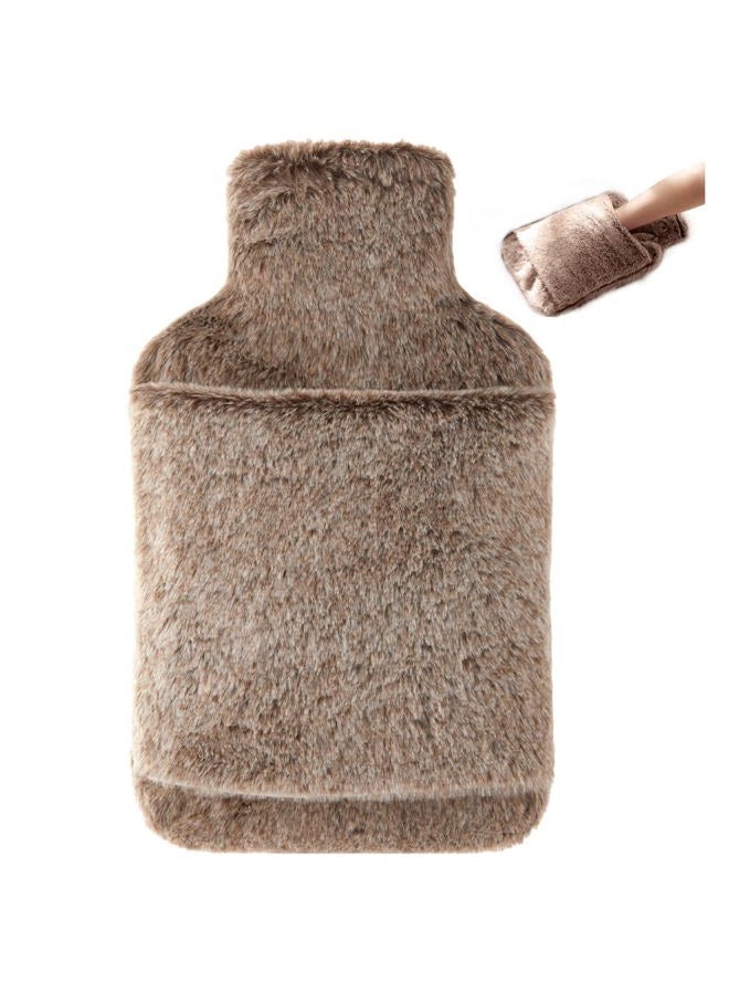samply Hot Water Bottle with Furry Cover - 2L Hot Water Bag with Hand Pocket, for Hand Feet Warmer, Khaki - Image 1