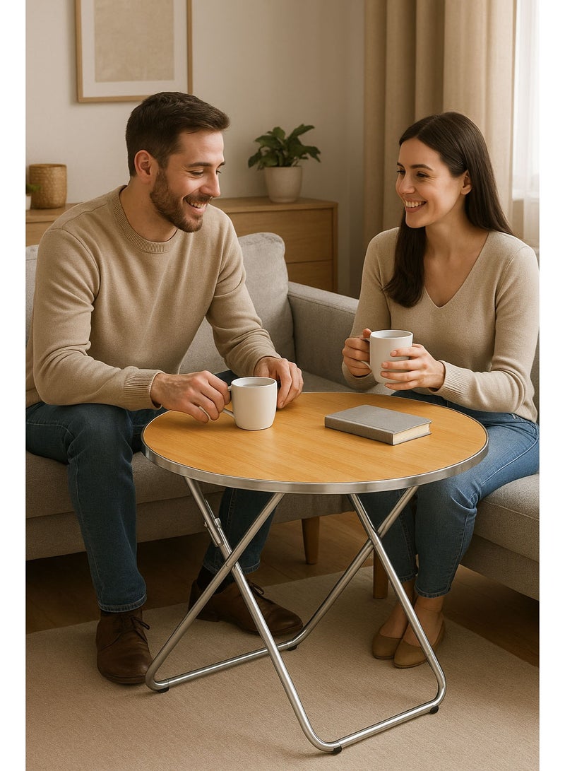 FUMES Portable Round Multipurpose Folding Table with Metal Legs & Wood Finish Top  - Image 4