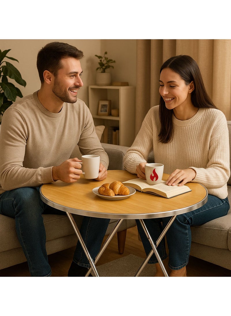 FUMES Portable Round Multipurpose Folding Table with Metal Legs & Wood Finish Top  - Image 3