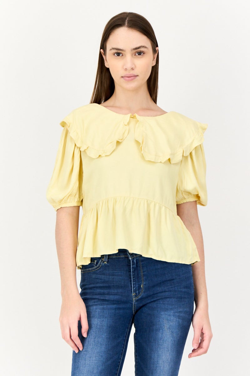 ONLY Women Peter pan collar Short Sleeves Plain Blouse, Yellow  - Image 1