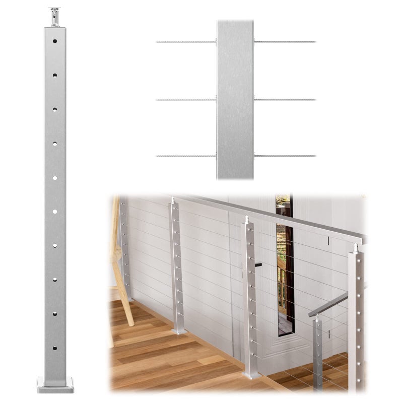 Muzata Cable Railing Post 36 Inch 36x2x2 Level Drilled Surface Mount Brushed T304 Stainless Steel Cable Railing System Kit Indoor Outdoor with Paper User Guide PS01 LH4S