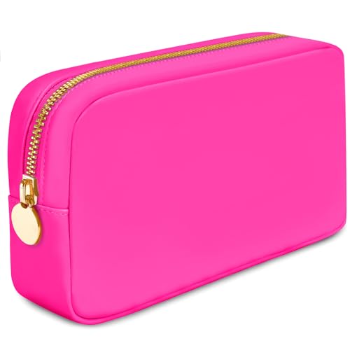 DANCOUR Small Makeup Bag – Cute Preppy Nylon Makeup Pouch, Small Cosmetic Bag for Purse, DIY Stuff Organizer, Hot Pink Travel Toiletry Bag - Image 1