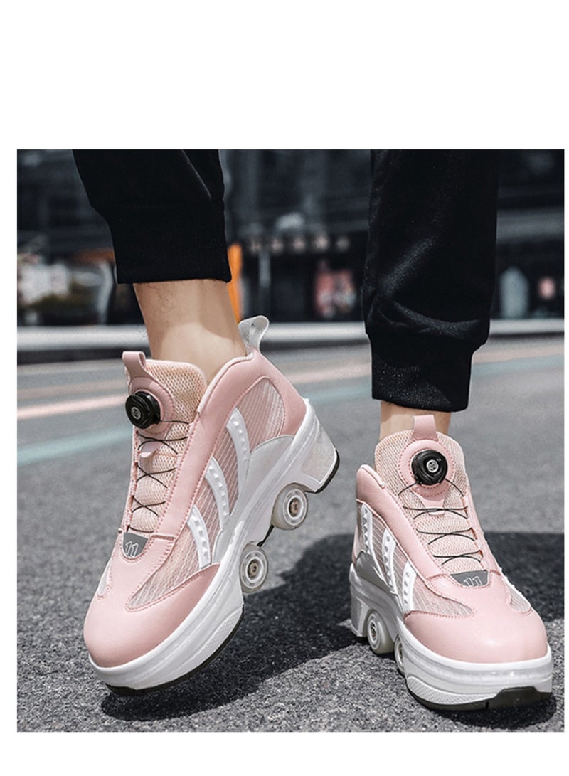 Loquat Four-Wheel Walking Shoes Can Be Retractable Deformation Shoes Rotary Buckle Roller Skates Pink - Image 1