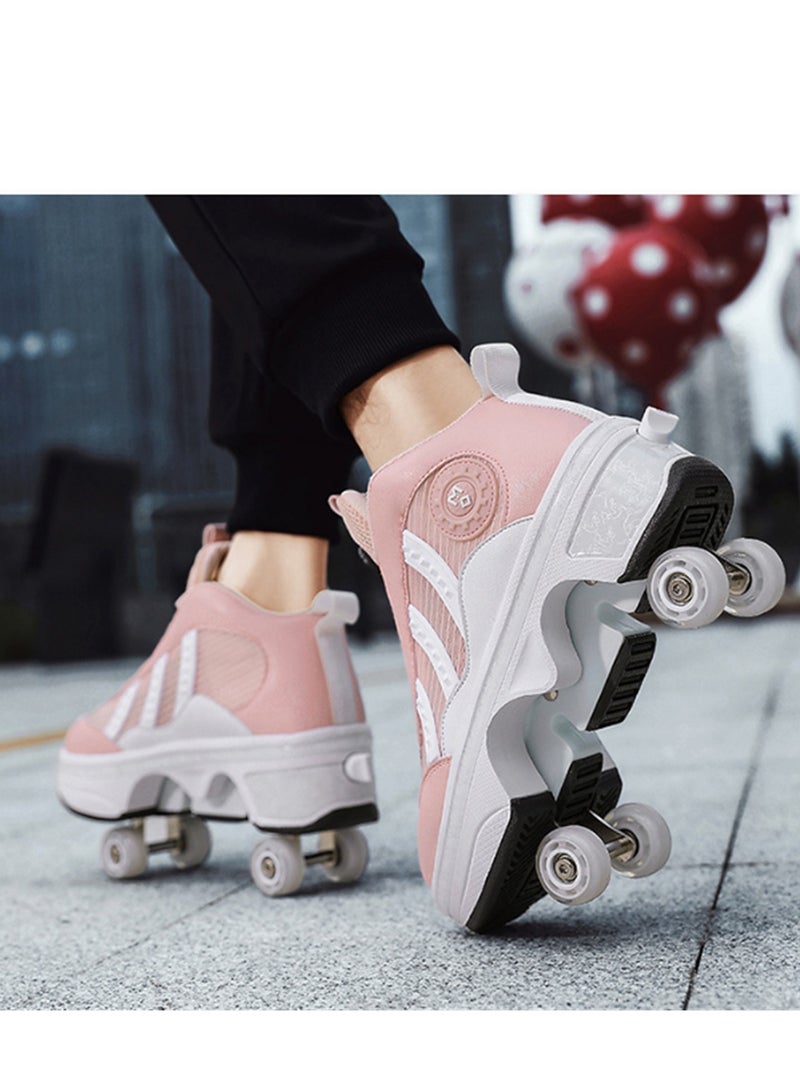 Loquat Four-Wheel Walking Shoes Can Be Retractable Deformation Shoes Rotary Buckle Roller Skates Pink - Image 3