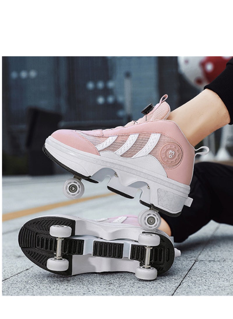 Loquat Four-Wheel Walking Shoes Can Be Retractable Deformation Shoes Rotary Buckle Roller Skates Pink - Image 2