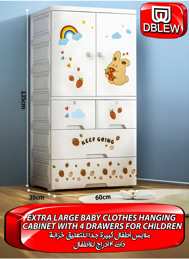DBLEW Portable Kids Large Wardrobe Closet with 2 Doors Collapsible Plastic Baby Armoire Storage Cabinet with Hanging Rod And 4 Drawers Chest Children Clothes Storage Box Container Cabinet Organizer Toddler Dresser Quick Install For Bedrooms, Playrooms, Nursery and Multipurpose Use With Cartoon Characters  - Image 1